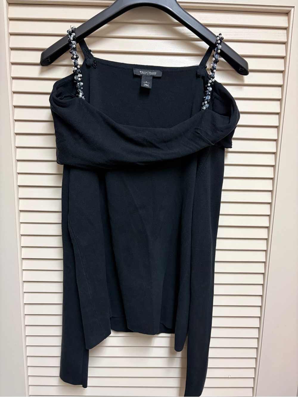 White House Black Market Top Womens L Black Cold Shoulder Beaded Pearl Sweater